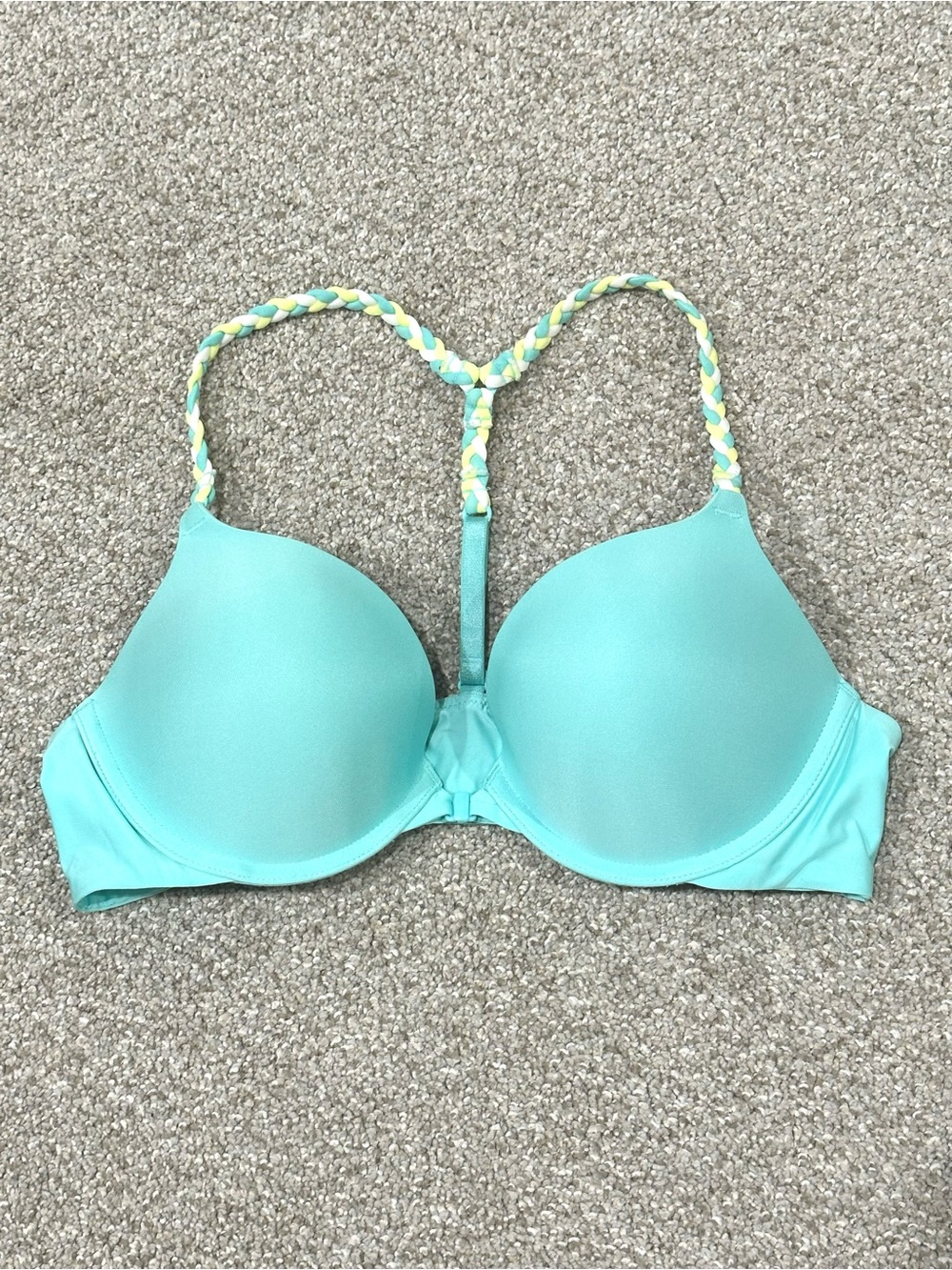 Victoria’s Secret Aqua Padded Push Up T-Back Front Closure Bra